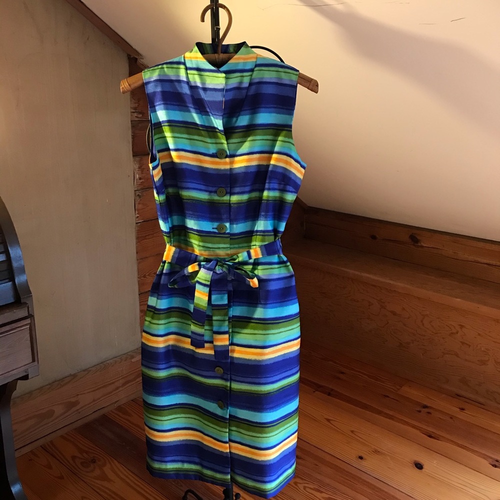 Sag Harbor Blue Green Striped Belted Fitted Dress, EUC, 8